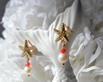 Huggie earrings with pearl, Starfish Earrings dangle , stud earrings  , pearl earrings studs , Gold Plated Starfish Stud Earrings for Women