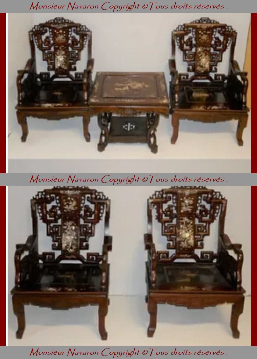 Indochine Salon Indochinois 1880/1900 Nacre Bois Sculpté 4 Fauteuils et 1 Table. Vietnam Xixe Incrus