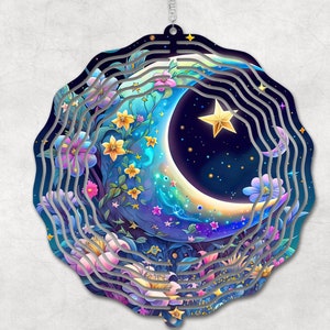 May include: A metal wind spinner with a crescent moon and stars design. The moon is surrounded by colorful flowers and vines. The background is a dark blue with white stars.
