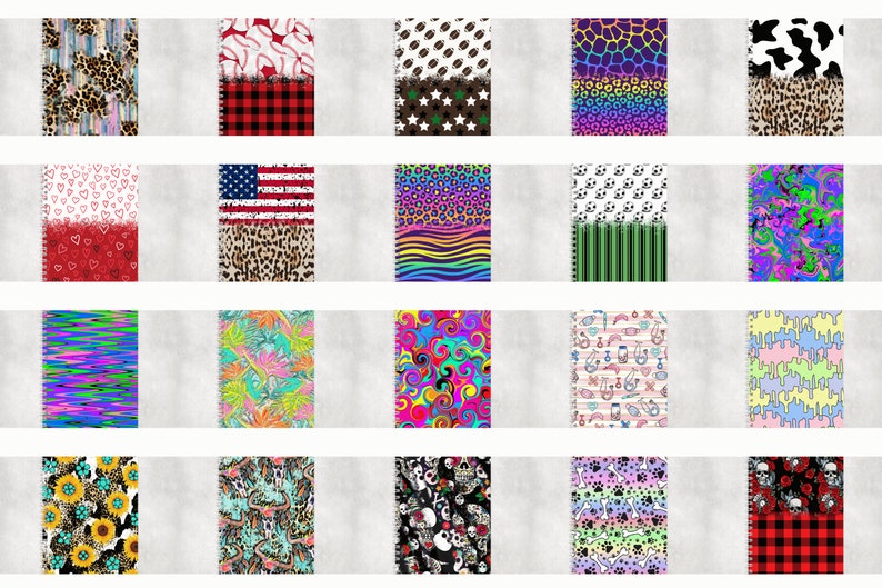 K&ouml;nnte beinhalten: Zwanzig verschiedene Designs von Spiralbl&ouml;cken mit verschiedenen Mustern und Farben. Die Bl&ouml;cke sind alle gleich gro&szlig; und haben einen wei&szlig;en Hintergrund.