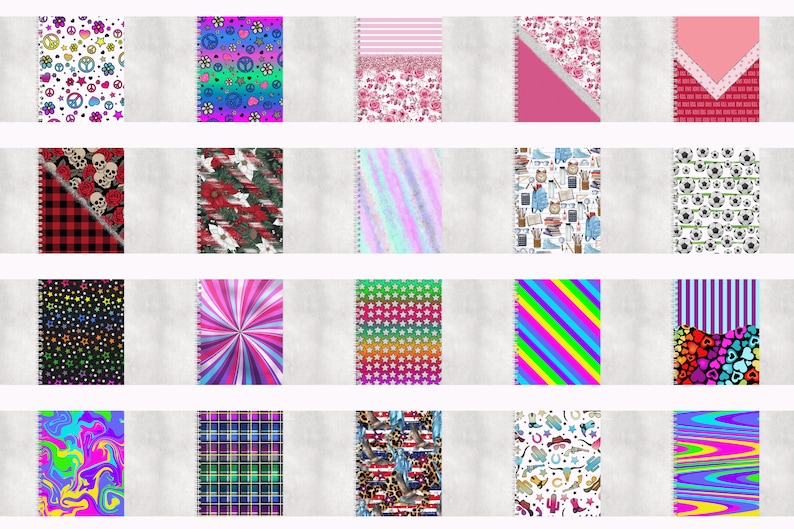 K&ouml;nnte beinhalten: Zwanzig verschiedene Notizbuchcover mit einer Vielzahl von bunten und gemusterten Designs. Die Cover zeigen eine Mischung aus geometrischen, floralen und abstrakten Mustern.