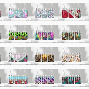 May include: Set of three mason jars with lids and straws. Each jar features a different colourful and patterned design. The designs include watermelon, geometric shapes, stripes, animal print, flowers, and more.