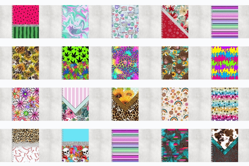 K&ouml;nnte beinhalten: Eine Sammlung von 20 verschiedenen Spiralbl&ouml;cken mit Mustern. Die Bl&ouml;cke zeigen eine Vielzahl von Designs, darunter florale, Tiermuster, geometrische und abstrakte Muster. Die Bl&ouml;cke sind alle geschlossen und haben einen wei&szlig;en Hintergrund.