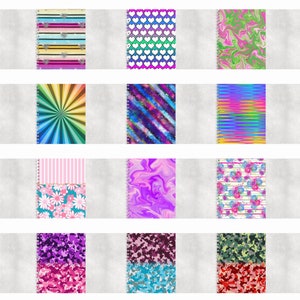 K&ouml;nnte beinhalten: Zwanzig verschiedene Notizbuchcover mit verschiedenen Mustern und Designs. Die Cover zeigen eine Vielzahl von Farben, darunter Pink, Blau, Gr&uuml;n, Orange, Lila und Wei&szlig;. Einige der Muster umfassen Herzen, Sterne, Streifen, Blumen und geometrische Formen.