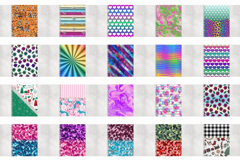 K&ouml;nnte beinhalten: Zwanzig verschiedene Notizbuchcover mit verschiedenen Mustern und Designs. Die Cover zeigen eine Vielzahl von Farben, darunter Pink, Blau, Gr&uuml;n, Orange, Lila und Wei&szlig;. Einige der Muster umfassen Herzen, Sterne, Streifen, Blumen und geometrische Formen.