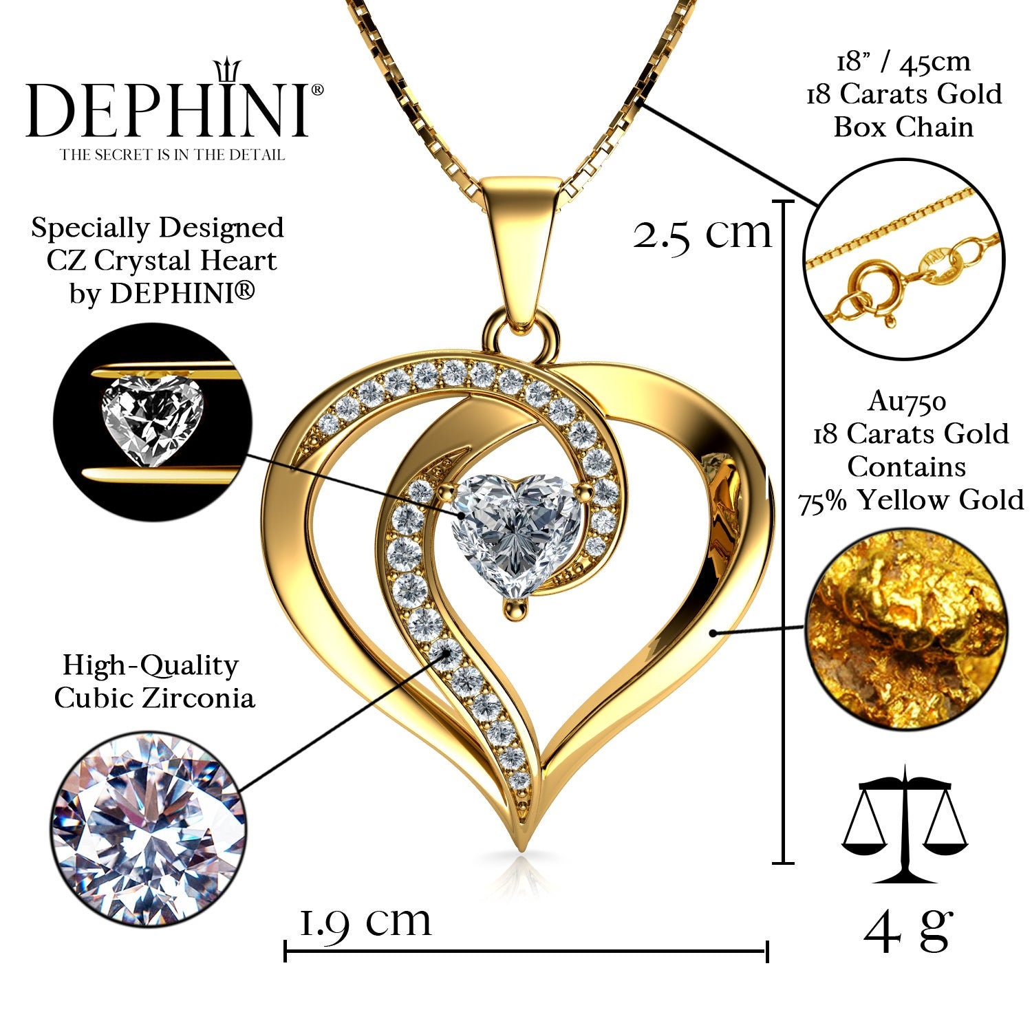 18K Gold Heart Necklace Elegant Pendant with Zirconia by DEPHINI