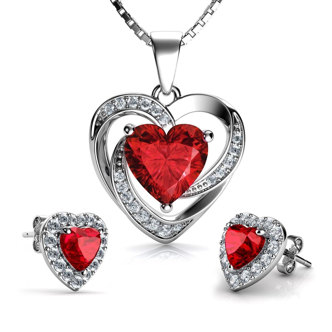 DEPHINI Red Heart Necklace Heart Earrings Silver Red Jewellery