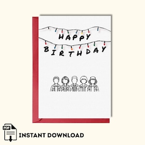 Stranger Things Inspired Happy Birthday Card | Iconic Lights & Character Outlines | Digital Download
