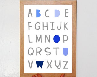Blue Alphabet Nursery Print: Scandinavian Style Wall Art