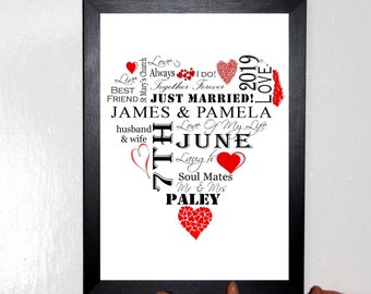 Personalized Wedding Word Art Heart Print, Anniversary Gift