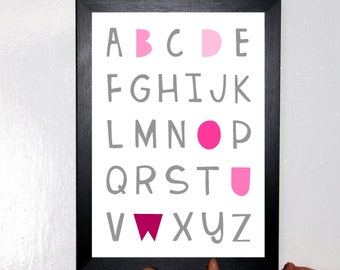 ALPHABET A4 Print Boy / Girl Nursery Wall Art in Pink sold as Print Only or Framed