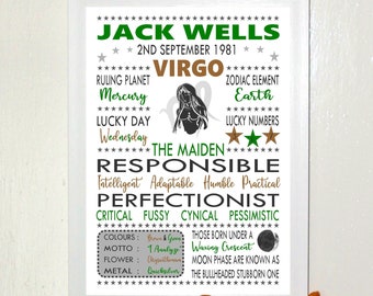 Personalised Virgo Zodiac Print: Horoscope Star Sign Gift
