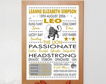 Personalised Leo Zodiac Star Sign Gold Poster: Birthday Gift