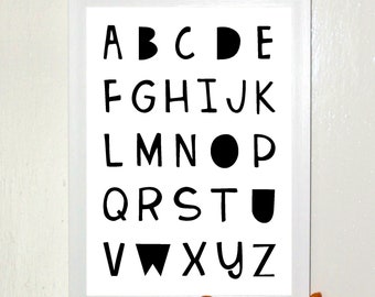 ALPHABET A4 Print Boy / Girl Nursery Wall Art in Black sold as Print Only or Framed