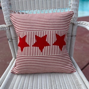 Americana Pillow Cover, Red White Ticking with Stars Pillow Cover, Patriotic Pillow Cover, Fourth of July Pillow Cover, Farmhouse Décor