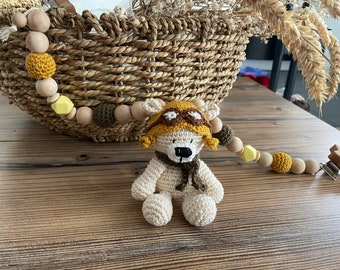 Kinderwagenkette Pilotenbär,Bär,Geburtsgeschenk,Amigurumi,Babygeschenk