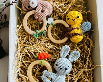 Häkel Greifring Bär,Biene,Hase, Greifring  mit Rassel, Babygeschenk, Amigurumi