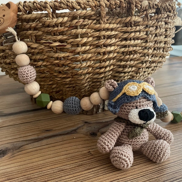 Kinderwagenkette Pilotenbär,Bär,Geburtsgeschenk,Amigurumi,Babygeschenk