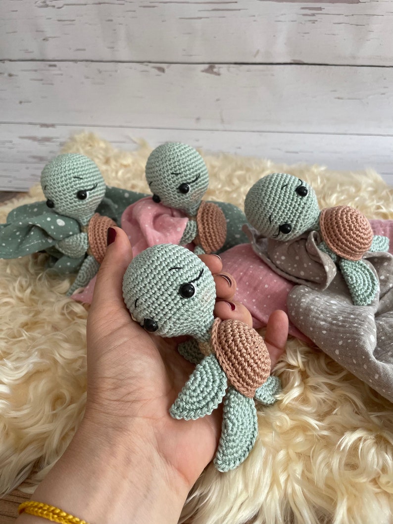 Schnuffeltuch,Schmusetuch,Kuscheltier schildkröte, Babygeschenk,Geburtsgeschenk,schildkröte Amigurumi,Muslin afbeelding 2