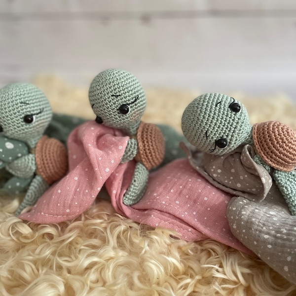 Schnuffeltuch,Schmusetuch,Kuscheltier schildkröte, Babygeschenk,Geburtsgeschenk,schildkröte Amigurumi,Muslin