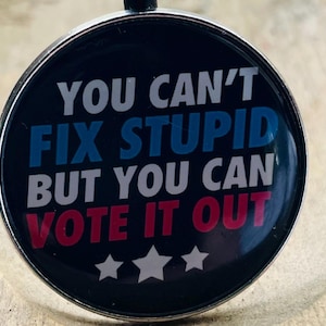 May include: A round pendant with a silver-toned metal frame featuring a black background and white, blue, and red text that reads: YOU CAN'T FIX STUPID BUT YOU CAN VOTE IT OUT, accompanied by three white stars positioned at the bottom of the design.