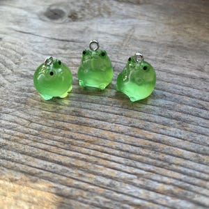 May include: Three translucent green frog charms with black eyes and silver jump rings. The frog charms are on a weathered wooden surface. The charms are small, round, and have a whimsical appearance.