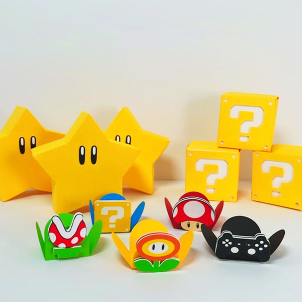 Super Mario Bros party decorations, Truffle wrapper holder, Super Mario Question Treat Box, Star box