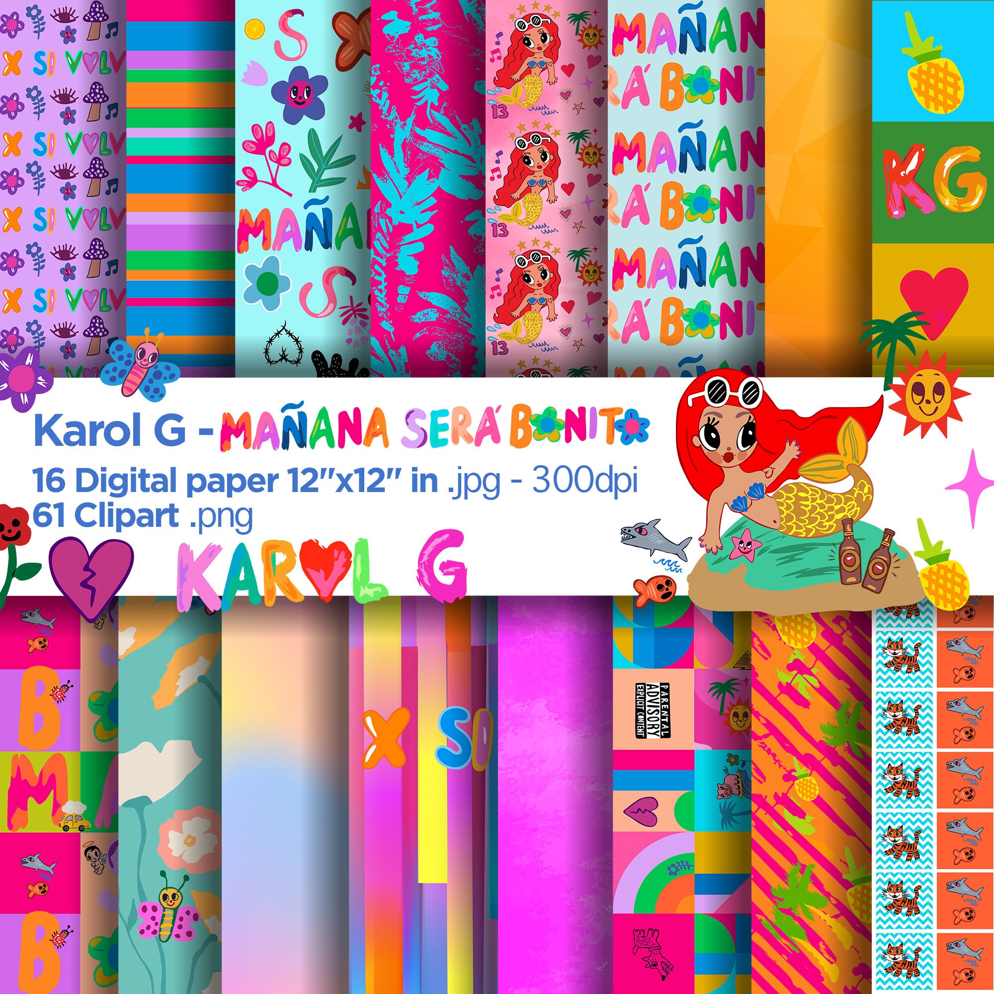 Manana sera bonito Digital Papers, Karol G Backgrounds, mañana sera bonito Papers, Scrapbook, Printable digital paper, tropical, playa
