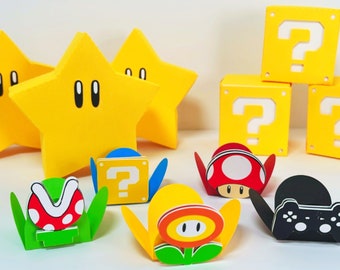 Super Mario Bros party decorations, Truffle wrapper holder, Super Mario Question Treat Box, Star box