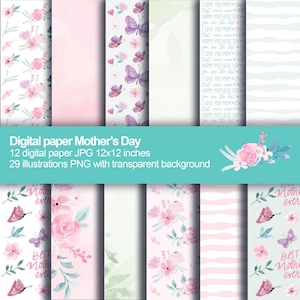 Mothers day digital paper, Mom Day paper, floral digital paper, papeles digitales dia de la madre, watercolor flowers digital paper