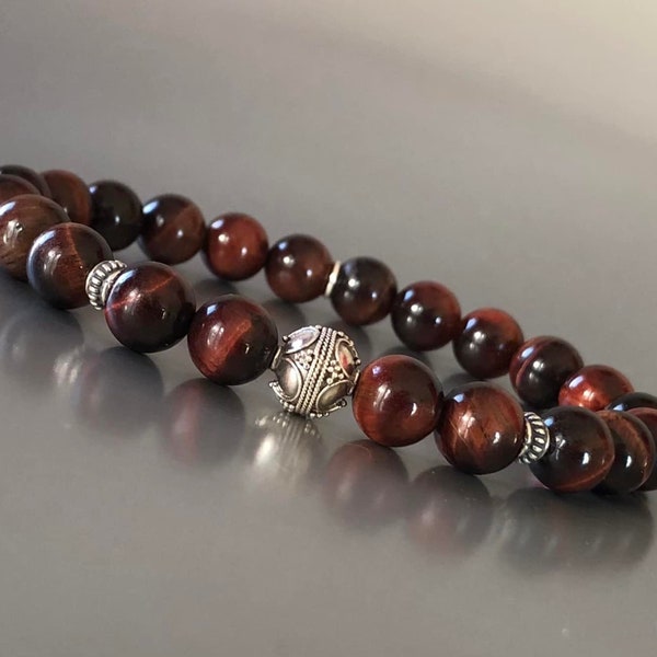 Bracelet Oeil de tigre rouge et perles en argent 925 - Bracelet pour homme - Style ethnique boho - Jewelry Bali - Tiger eye bracelet for men
