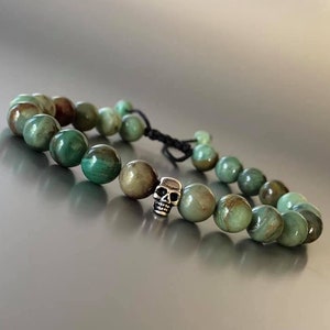 Skull Bracelet in 925 Sterling Silver & Natural Dragon Blood Jade – Men Bracelet - Handmade Unisex Stone Bracelet – Gothic Boho Rock Jewelry