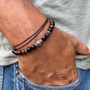 Men’s Red Tiger Eye Bracelet, 925 Sterling Silver | Handmade Boho Bracelet | Ethnic Tribal Jewelry | Natural Stone Gift for Him