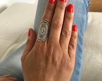 Anello Boho regolabile in argento - Anello etnico - Grande anello geometrico - Anello tribale - Anello Boho - Anello Mandala - Anello Hippie Chic