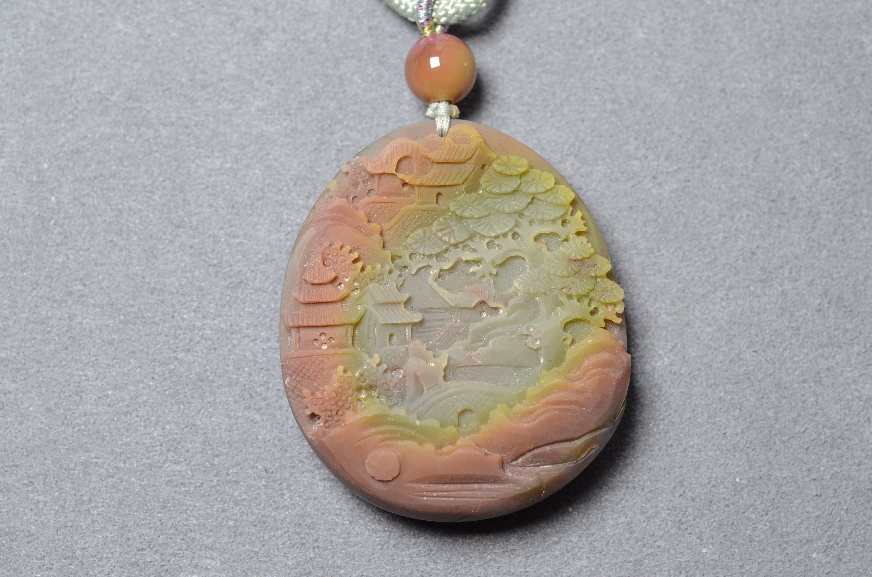 Rare Natural View Pendent of Pine Tree, Bridge and River Stream , Handcarved on Both Side, Yanyuan Agate, with Certificatethumbnail