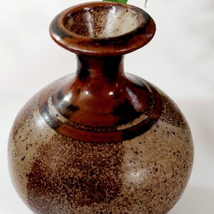 May include: A brown and white ceramic vase with a wide, round body and a narrow neck. The vase has a speckled glaze and a brown rim.