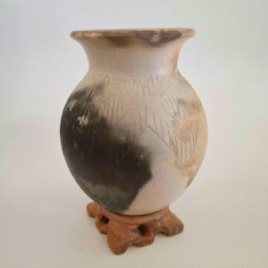 Vintage Australian Pit Fired Pottery Vase with Incised Leaf Design