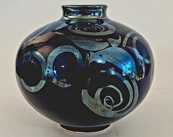 Ceramic Vase, Vintage Australian, by Peter Reis, Dark Cobalt with Iridescent Swirls, Home Decor, Mother's Day Gift, Wedding Present.