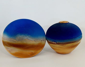 Pottery Vase and Bowl,  Vintage Australian 1980s,  by Marianne Cole, Outback Range, Blue and Tan Oxide, Housewarming Gift, Birthday Present.