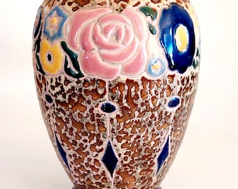 Vintage Ceramic Amphora Style Czech Vase, Art Deco, Floral Design, Textured Finish, Mother's Day Gift, Wedding Gift, Housewarming Gift