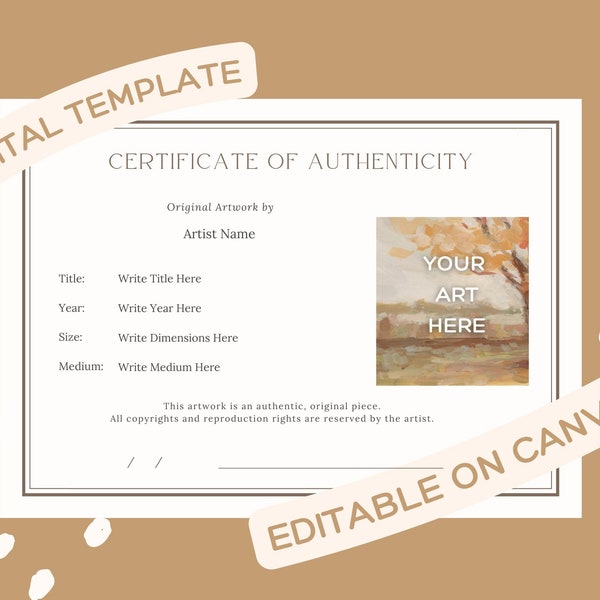 Certificate of Authenticity Editable Canva Template for Original Art, Paintings, Artist Resources, Printable Digital Download