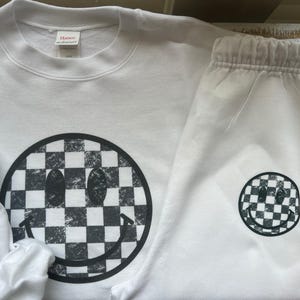 Checkered Smiley Lounge Set | Smiley Face Crewneck & Sweatpants, Gift For Her, Trendy Crewneck, Checkered Smiley Face Crew, Women&#39;s Pajamas