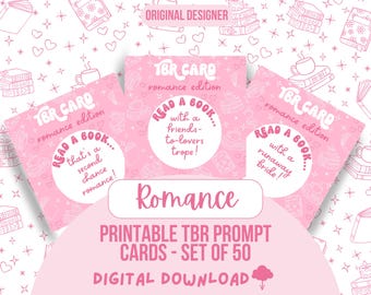 Romance TBR Prompt Cards: Fun Book Reading Challenge (Digital Download PDF, 50 Cards, 4x4in)