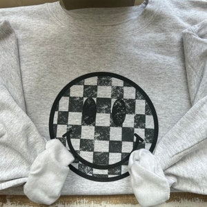 Checkered Smiley Crewneck | Smiley Face Sweatshirt, Gift For Her, Retro Hoodie, Trendy Crewneck, Checkered Smiley Face Crew, Graphic Hoodie