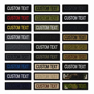 May include: A collection of rectangular embroidered patches arranged in a grid, each featuring the text CUSTOM TEXT in various thread colors including white, red, yellow, blue, and black, set against diverse fabric backgrounds like black, olive, and camo.