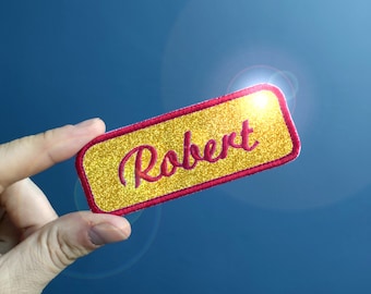 Toppa con nome vintage glitterato personalizzata, ricamata, da stirare, etichetta con nome, toppa con nome uniforme, etichetta con nome in stile vintage