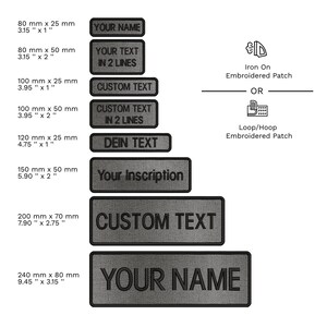 Pode incluir: Vários patches bordados pretos retangulares com texto, incluindo "YOUR NAME" e "CUSTOM TEXT". Os tamanhos variam de 80 mm x 25 mm a 240 mm x 80 mm. Disponíveis como patches para passar a ferro ou com velcro.
