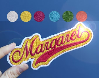 Toppa con nome vintage glitterato personalizzata, ricamata, da stirare, etichetta con nome, toppa con nome uniforme, etichetta con nome in stile vintage
