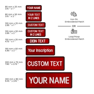 May include: Red embroidered patches with white text in various sizes. The patches are available in two styles: iron-on or loop/hoop. The sizes are listed in inches and millimeters. The text on the patches includes "Your Name", "Your Text in 2 Lines", "Custom Text", "Dein Text", "Your Inscription", and "Custom Text".