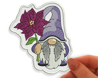 Poinsettia Gnome Patch, Christmas Embroidered Patches, Iron On Patch